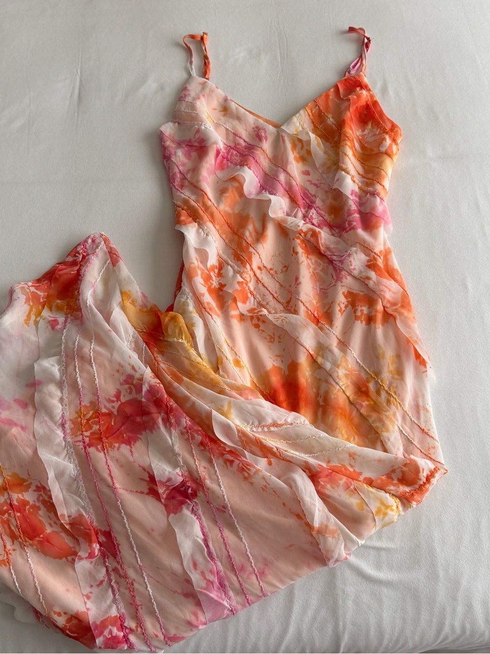 Flowy Watercolor Spaghetti Strap Maxi Dress - Pink & Orange